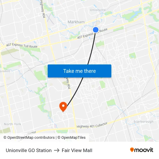 Unionville GO Station to Fair View Mall map