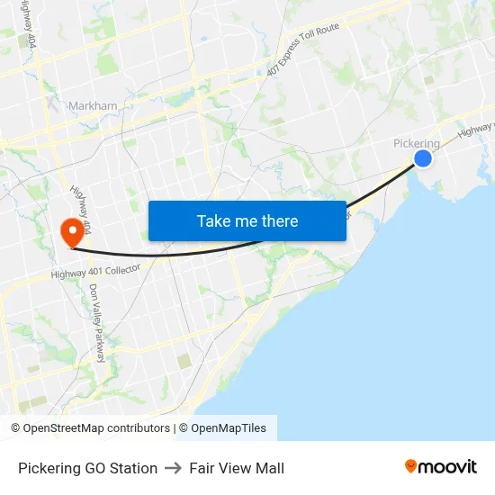 Pickering GO Station to Fair View Mall map