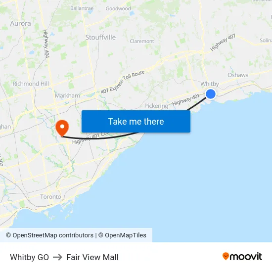 Whitby GO to Fair View Mall map