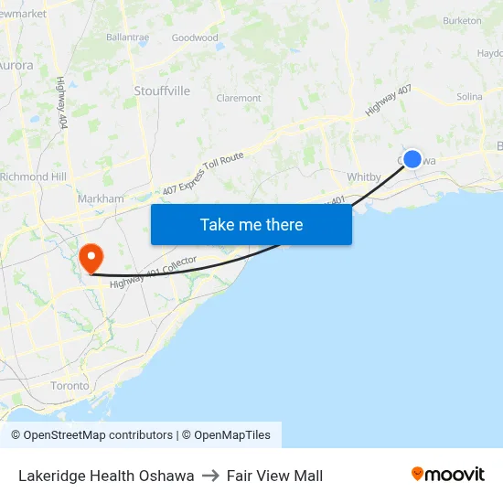 Lakeridge Health Oshawa to Fair View Mall map