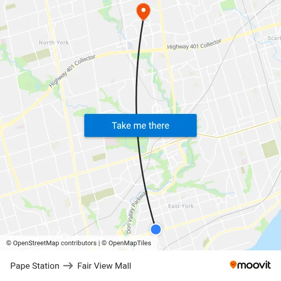 Pape Station to Fair View Mall map