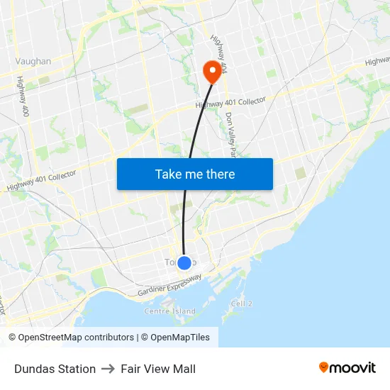 Dundas Station to Fair View Mall map