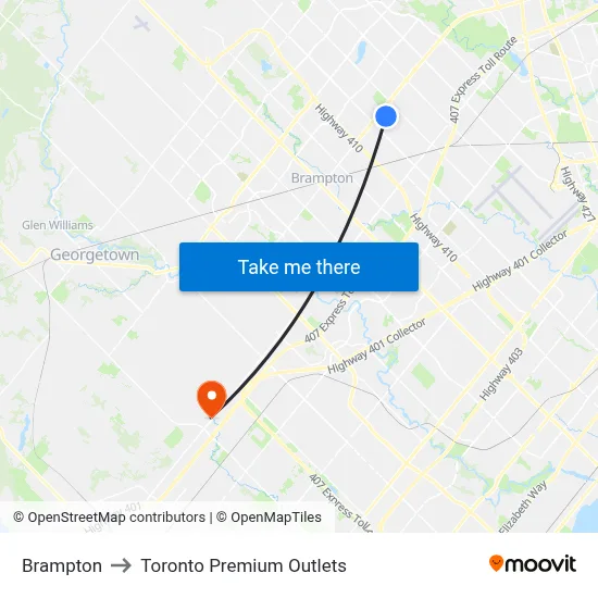 Brampton to Toronto Premium Outlets map