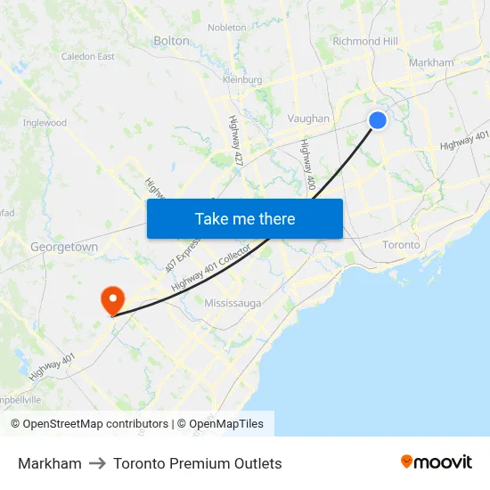 Markham to Toronto Premium Outlets map