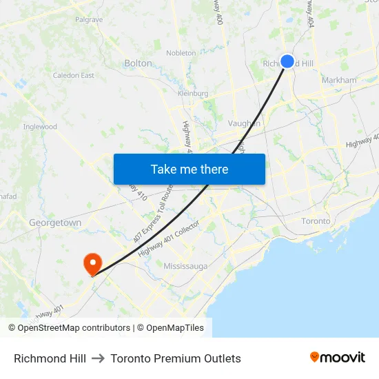 Richmond Hill to Toronto Premium Outlets map