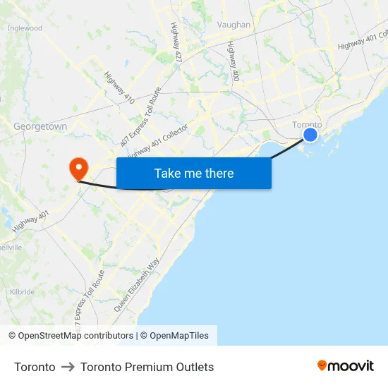 Toronto to Toronto Premium Outlets map