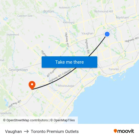 Vaughan to Toronto Premium Outlets map