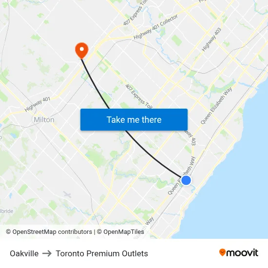 Oakville to Toronto Premium Outlets map