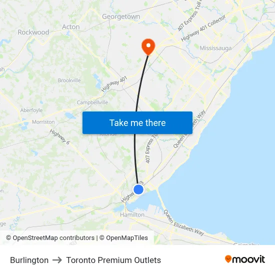 Burlington to Toronto Premium Outlets map
