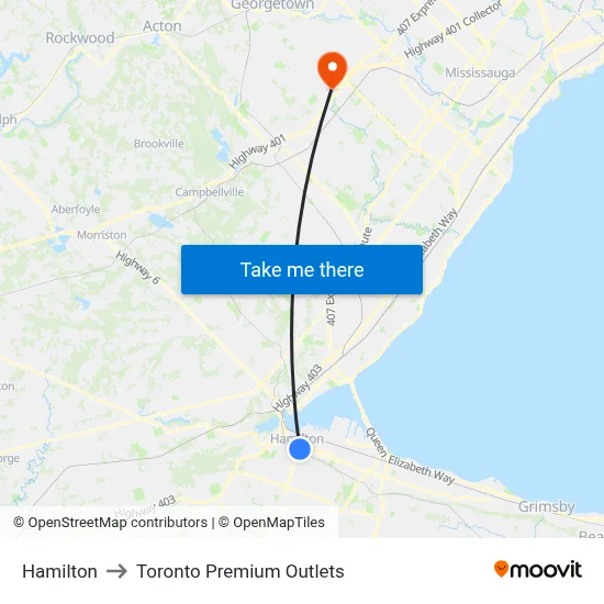 Hamilton to Toronto Premium Outlets map
