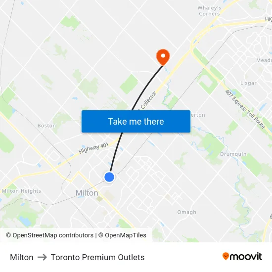 Milton to Toronto Premium Outlets map