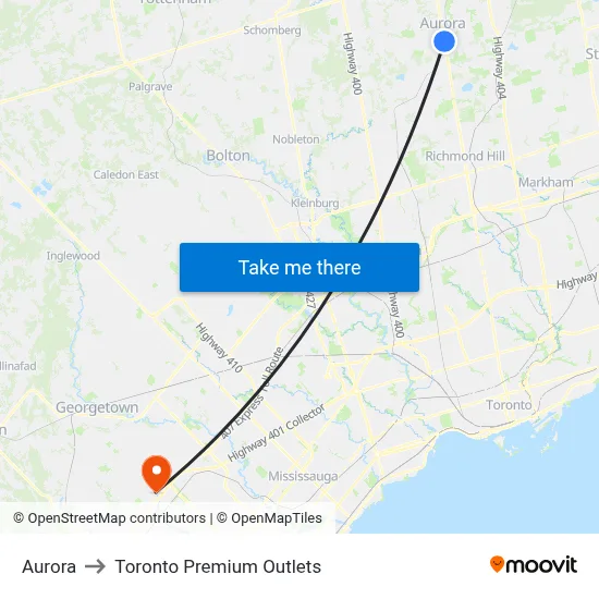 Aurora to Toronto Premium Outlets map