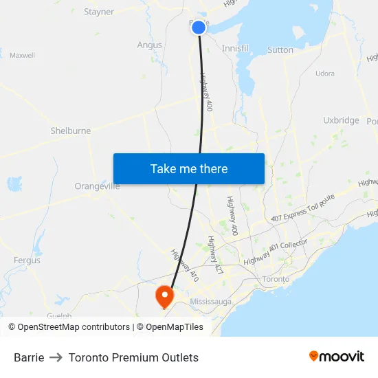 Barrie to Toronto Premium Outlets map