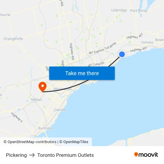 Pickering to Toronto Premium Outlets map