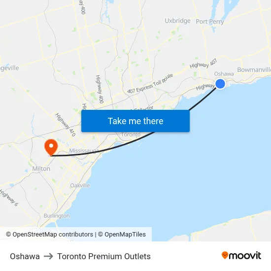 Oshawa to Toronto Premium Outlets map