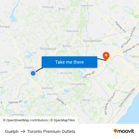 Guelph to Toronto Premium Outlets map