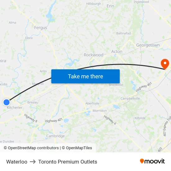 Waterloo to Toronto Premium Outlets map