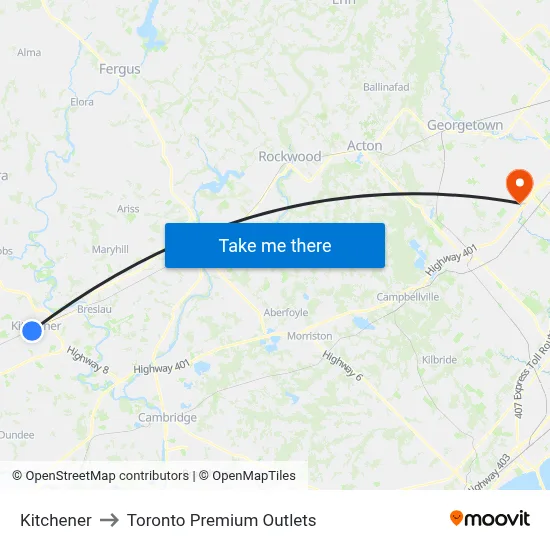 Kitchener to Toronto Premium Outlets map