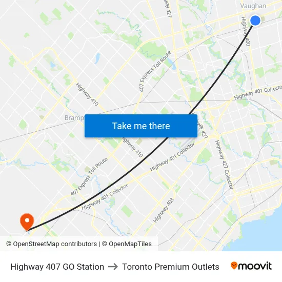 Highway 407 GO Station to Toronto Premium Outlets map