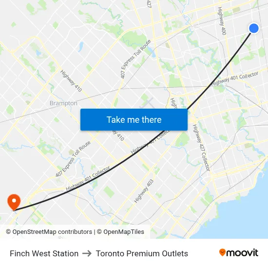 Finch West Station to Toronto Premium Outlets map