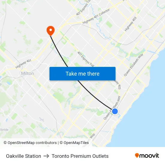 Oakville Station to Toronto Premium Outlets map
