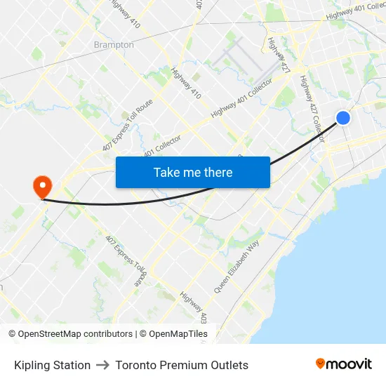Kipling Station to Toronto Premium Outlets map