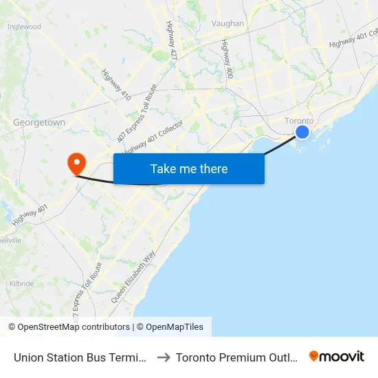 Union Station Bus Terminal to Toronto Premium Outlets map