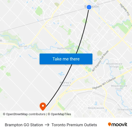 Brampton GO Station to Toronto Premium Outlets map