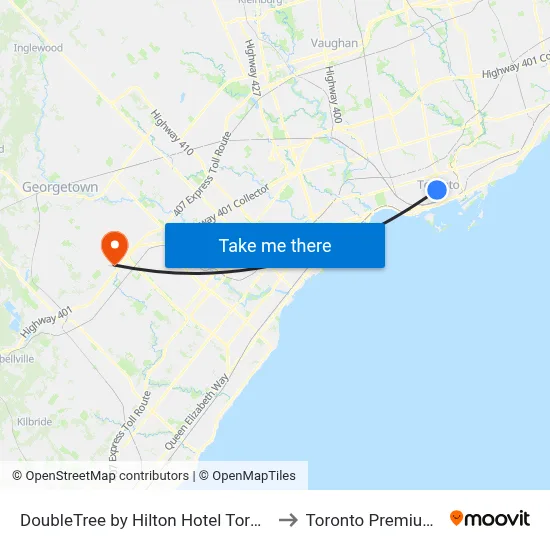 DoubleTree by Hilton Hotel Toronto Downtown to Toronto Premium Outlets map
