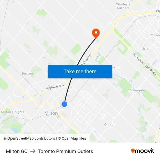 Milton GO to Toronto Premium Outlets map