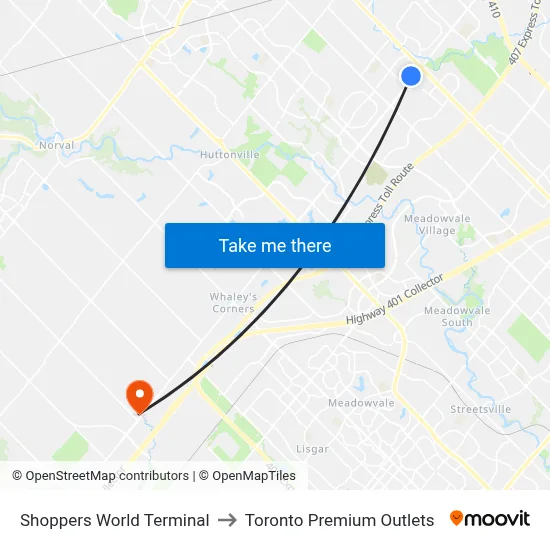 Shoppers World Terminal to Toronto Premium Outlets map