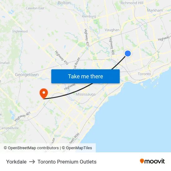 Yorkdale to Toronto Premium Outlets map