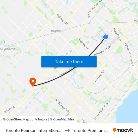 Toronto Pearson International Airport to Toronto Premium Outlets map
