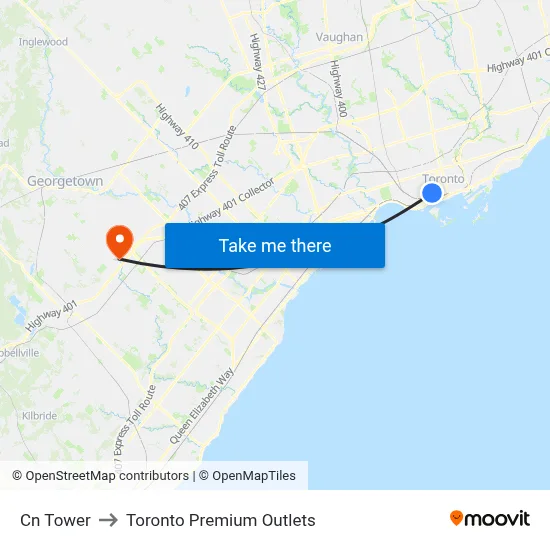 Cn Tower to Toronto Premium Outlets map
