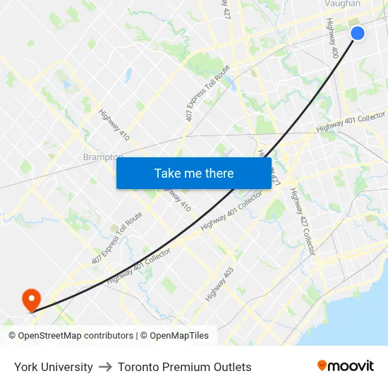 York University to Toronto Premium Outlets map