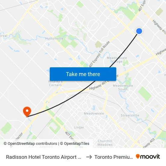 Radisson Hotel Toronto Airport West, Mississauga to Toronto Premium Outlets map