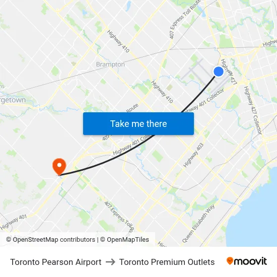 Toronto Pearson Airport to Toronto Premium Outlets map