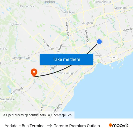 Yorkdale Bus Terminal to Toronto Premium Outlets map