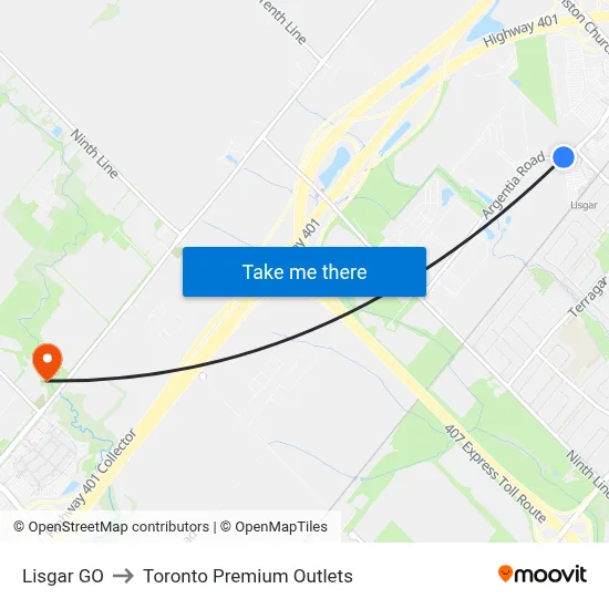 Lisgar GO to Toronto Premium Outlets map