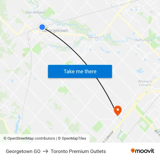 Georgetown GO to Toronto Premium Outlets map