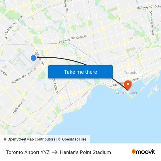 Toronto Airport YYZ to Hanlan's Point Stadium map