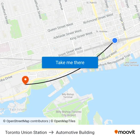 Toronto Union Station to Automotive Building map