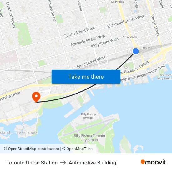 Toronto Union Station to Automotive Building map
