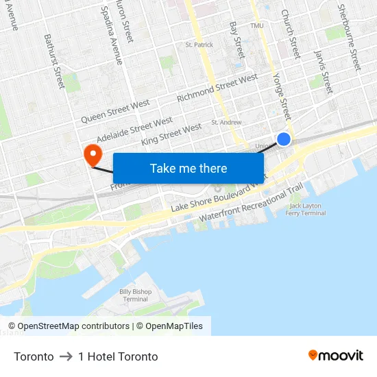 Toronto to 1 Hotel Toronto map