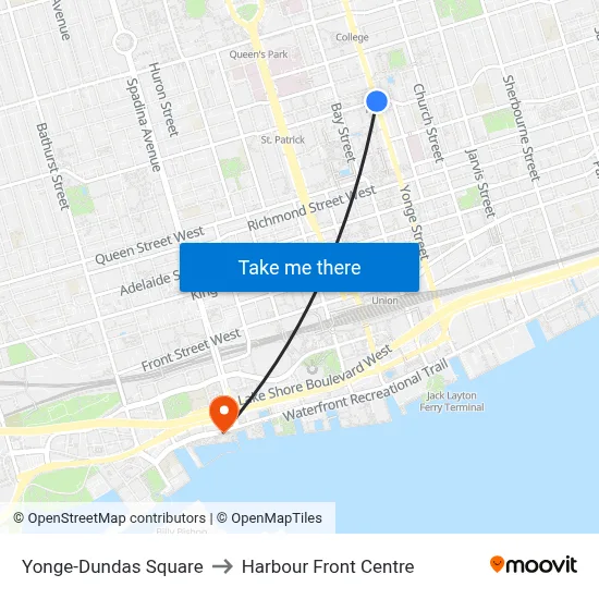 Yonge-Dundas Square to Harbour Front Centre map