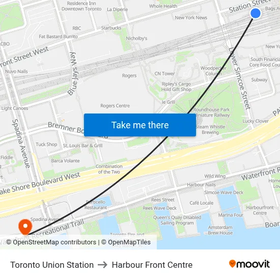 Toronto Union Station to Harbour Front Centre map
