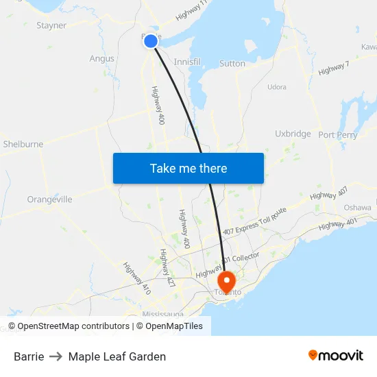 Barrie to Maple Leaf Garden map