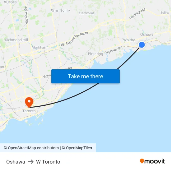 Oshawa to W Toronto map
