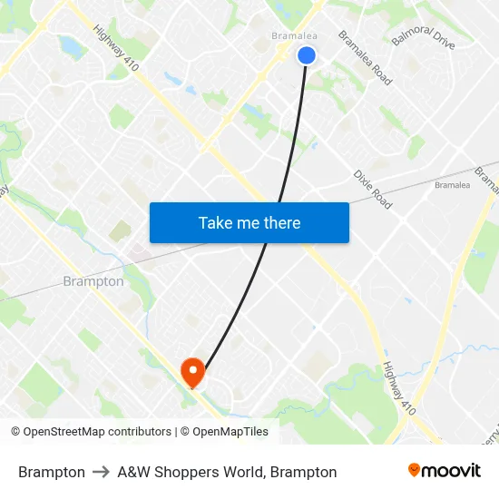 Brampton to A&W Shoppers World, Brampton map