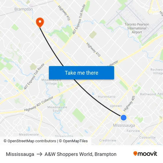 Mississauga to A&W Shoppers World, Brampton map